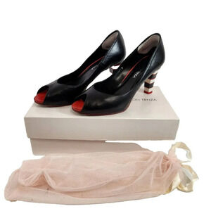 Ramon Tenza Galia Open Toe Black Heels Women 7M Striped Spain with Box Shoe Bag